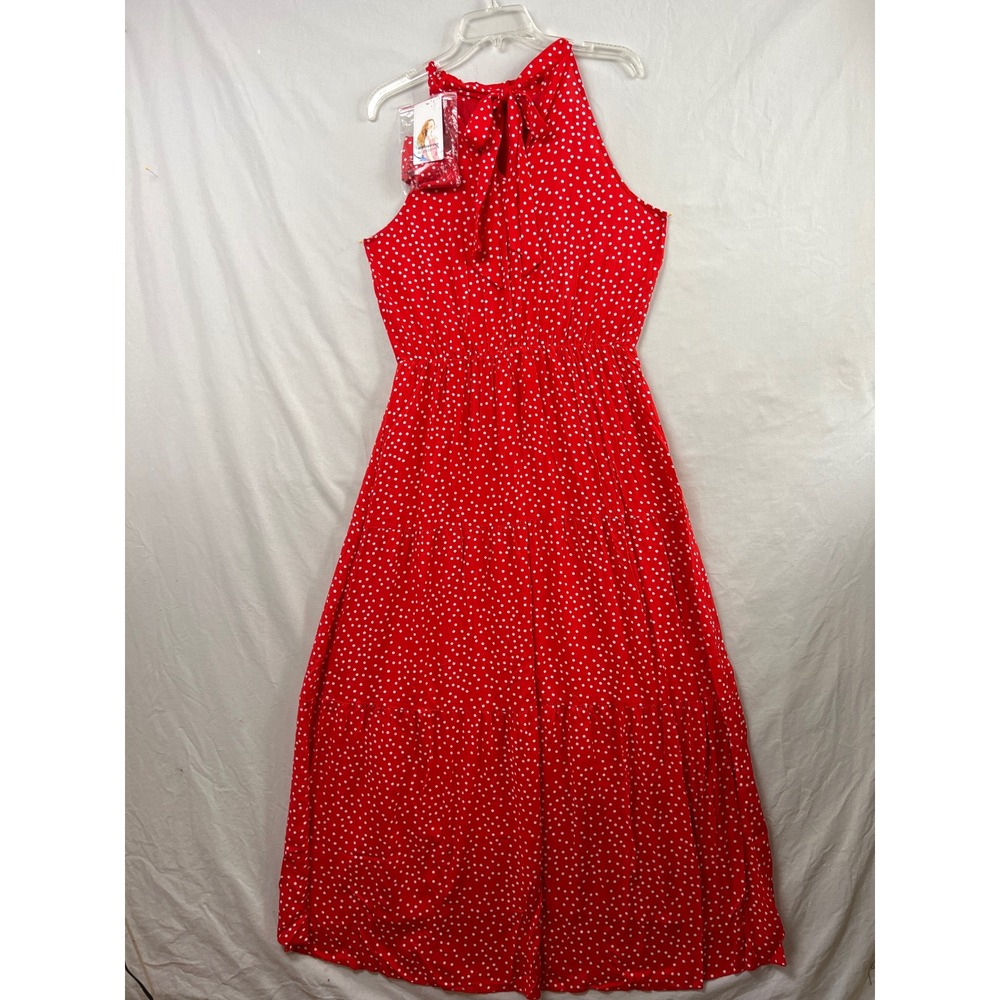 PrettyGarden Maxi Dress Womens Medium Red Polka Dot Halter Tiered Viscose NEW